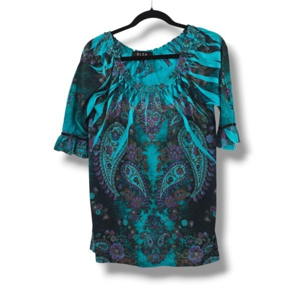 Paisley Floral Turquoise Blouse Top Rhinestone Ruffle Sleeve Womens Medium